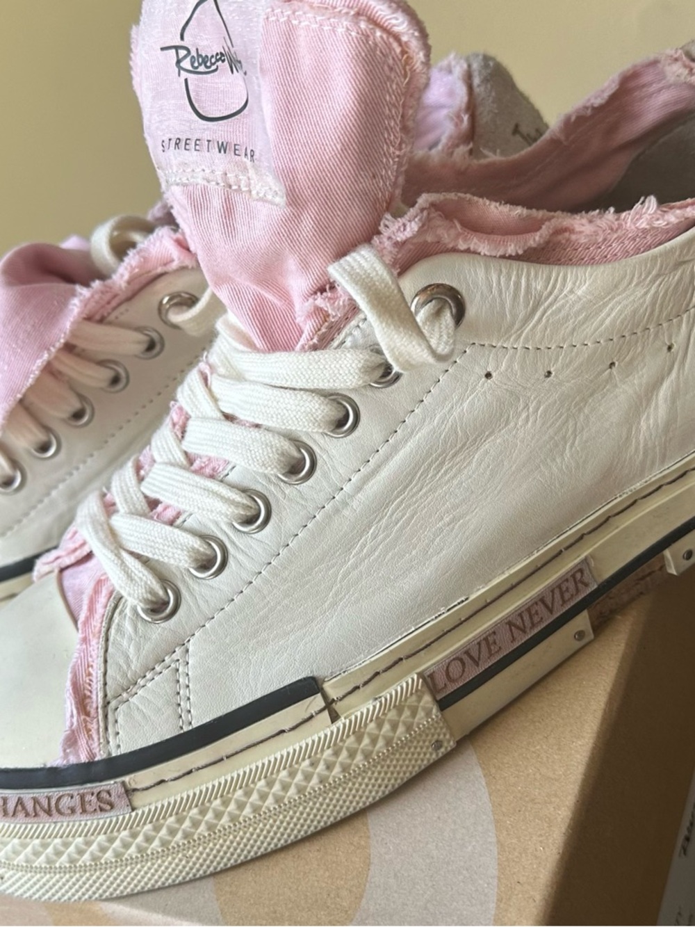 White and Pale Pink Low-Top Street Sneakers